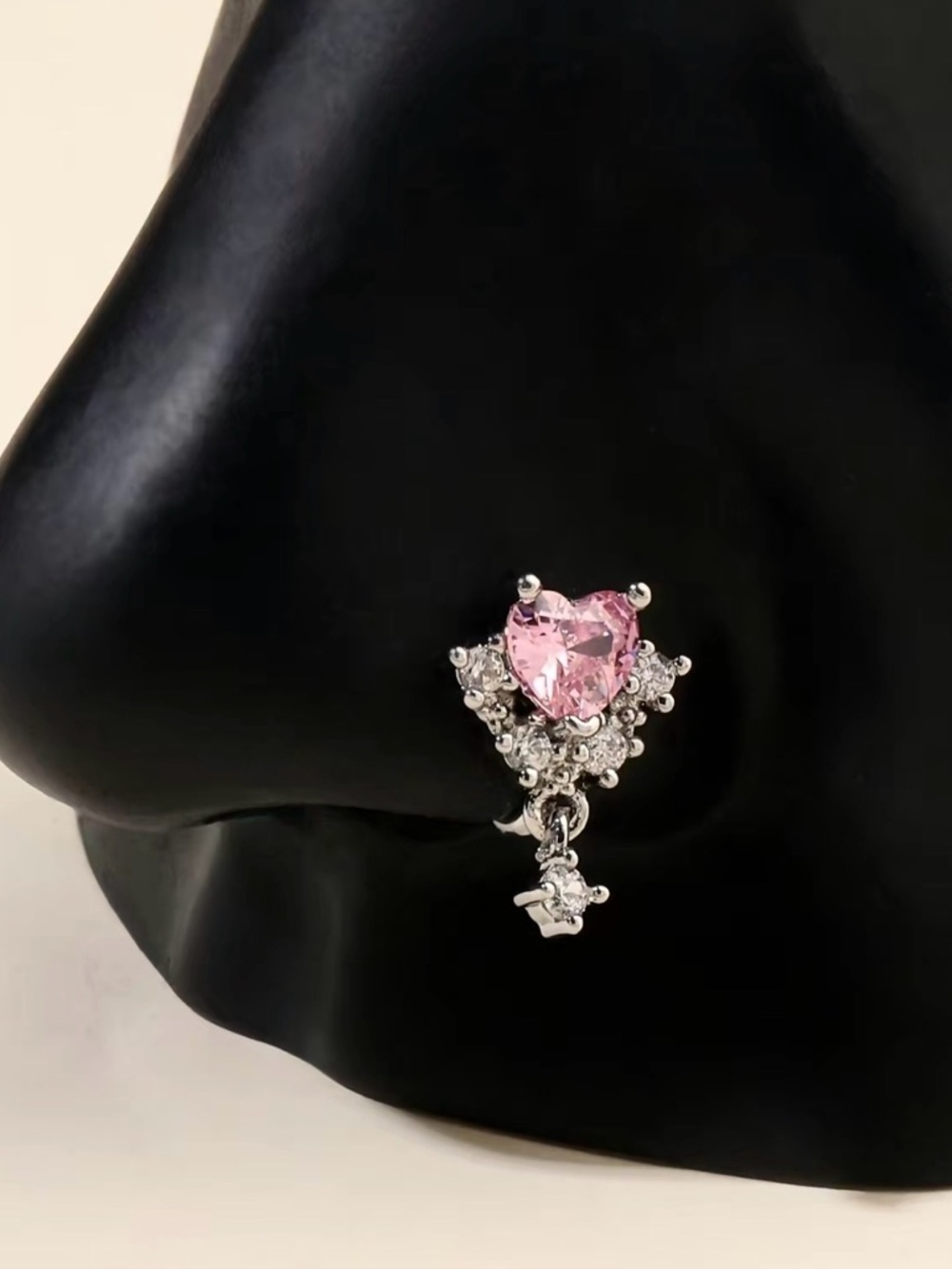 Silver pink Heart dangling Nose Ring